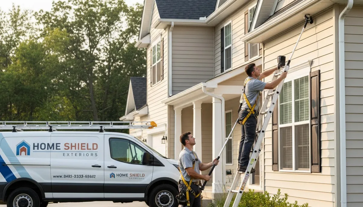 Technician performing gutter inspection on vinyl siding home in Indianapolis, IN